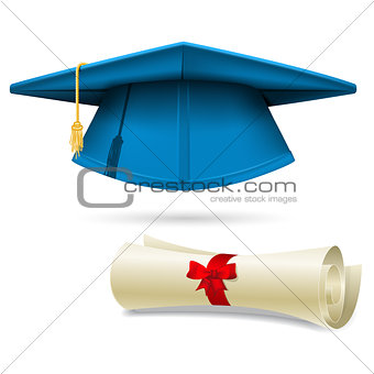 Cyan mortarboard and diploma - graduation cap