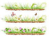 Set green grass on ground. Grass, flowers, clover and butterflies