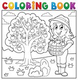 Coloring book girl with collected apples