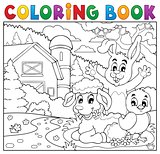 Coloring book happy animals near farm