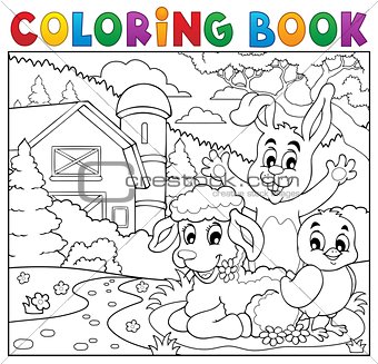 Coloring book happy animals near farm