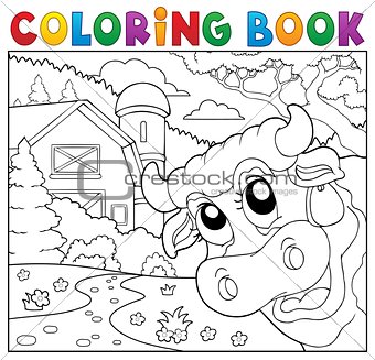 Coloring book lurking cow near farm