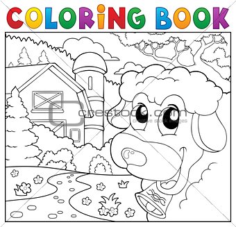 Coloring book lurking sheep near farm