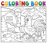 Coloring book rooster near farm