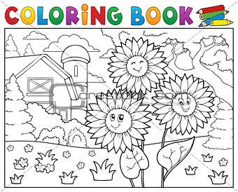 Coloring book sunflowers near farm
