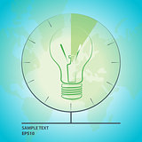 Vector light bulb illustration with globe map and clock.