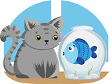 Gray Cat and Blue Fish