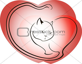 Cat on a background of red hearts. EPS10 vector illustration