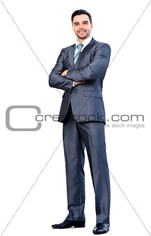 Full body portrait of happy smiling business man,
