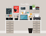 Flat  design of  home office interior with desk and laptop