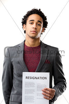 resignation sheet in young man's hand