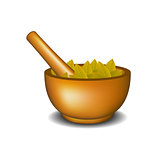 Wooden mortar with pestle and brown leaves