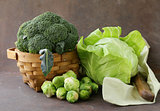 different kinds of cabbage - broccoli, Brussels sprouts and white cabbage