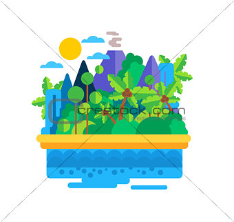 Island with Palms and Mountains. Vector Illustration