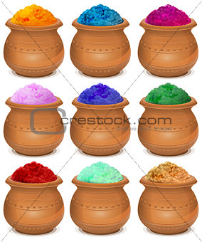 Set ceramic pot of paint holi. Festival of colors Holi