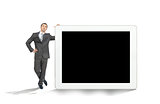 Businessman near big tablet with blank screen