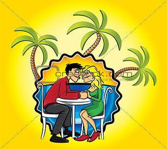 Romantic couple in love and holiday beach background with palms