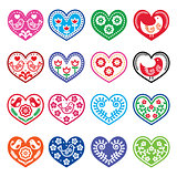 Folk art hearts with flowers and birds icons set