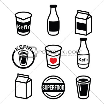 Kefir or kephir, fermented milk product, superfood icons set