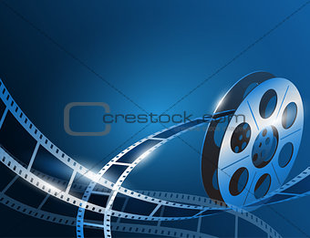 Illustration of a film stripe reel on shiny blue movie background