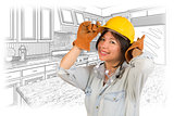 Hispanic Woman in Hard Hat with Kitchen Drawing Behind