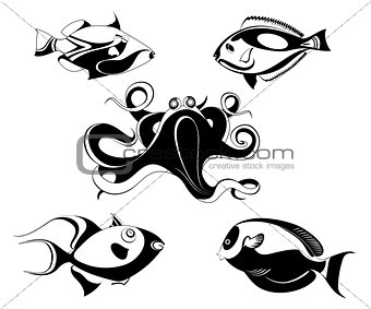 Decorative octopus and fish illustration set