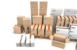 Group of stacked cardboard boxes on wooden shipping pallets are 
