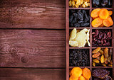 Assorted  dried fruits in wooden box