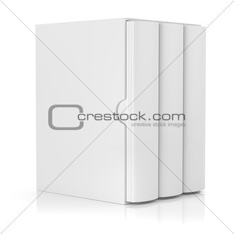 Three books in cardboard box cover on white 