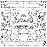 Hand Drawn Floral Design Elements, Ribbons, Dividers