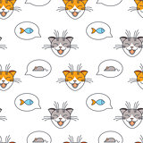 Cats talk about mice and fishes seamless pattern.