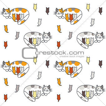 Mom cat and many kittens seamless pattern.