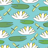 Seamless pattern with a water lily and dragonfly