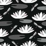 Seamless pattern with a water lily and dragonfly