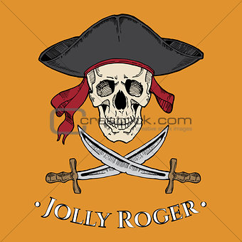Jolly Roger skull in the cocked hat with two blades on the yellow background 
