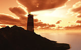 3D lighthouse against a sunset sky
