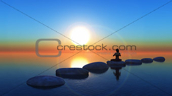 3D female in yoga pose on stepping stones in the ocean