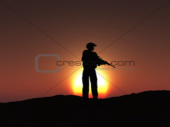 3D soldier at sunset