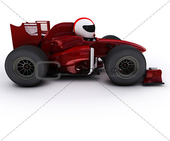Morph man with open wheeled racing car