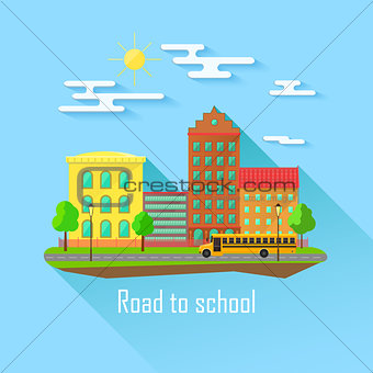 School building, bus and front yard with students children. Flat style vector illustration