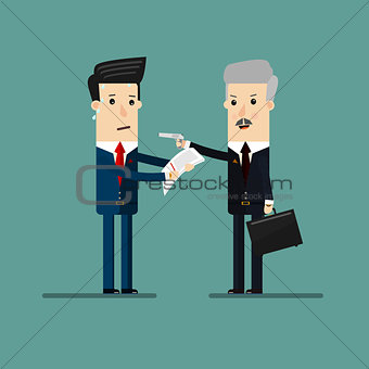 Businessman threatening with a gun and exports documentation from businessmen, for extortion or blackmail . Business concept cartoon illustration