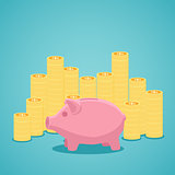 Pink piggy bank and stacks of gold coins.