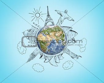 Planet earth with pencil sketches 7 Wonders of the World on blue background. Travel and world concept.