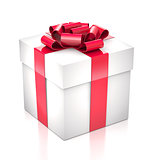 Gift white box with a red bow and ribbon.