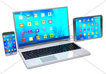 Laptop, mobile phone and tablet pc  on white background.