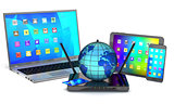 Router, laptop, smartphone, tablet and globe.
