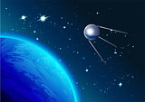 Retro Satellite in space. Cosmonautics Day. First satellite in space