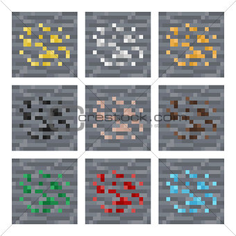 Texture for platformers pixel art vector: stone ore mineral blocks: silver, gold, coal, gem, iron