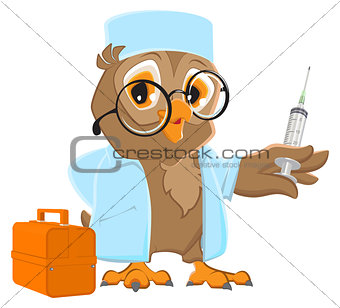 Owl doctor holding syringe. Owl veterinarian in white coat