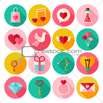 Happy Valentine Day Circle Icons Set with long Shadow